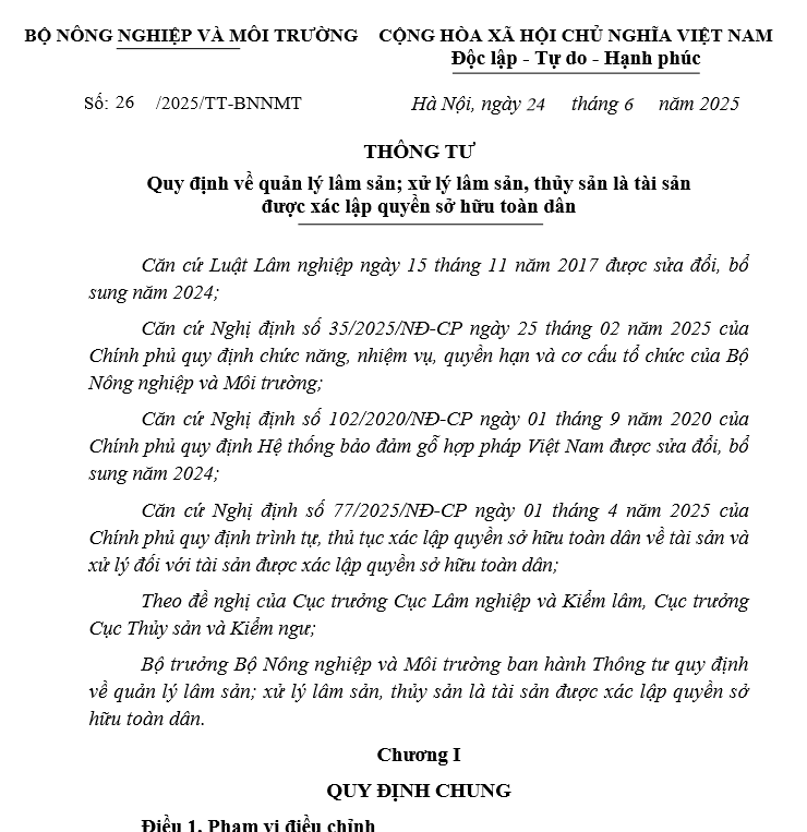 Thông tư 26/2025/TT-BNNMT ngày 24/6/2025 Quy định quản lý lâm sản; xử lý lâm sản, thủy sản là tài sản được xác lập quyền sở hữu toàn dân